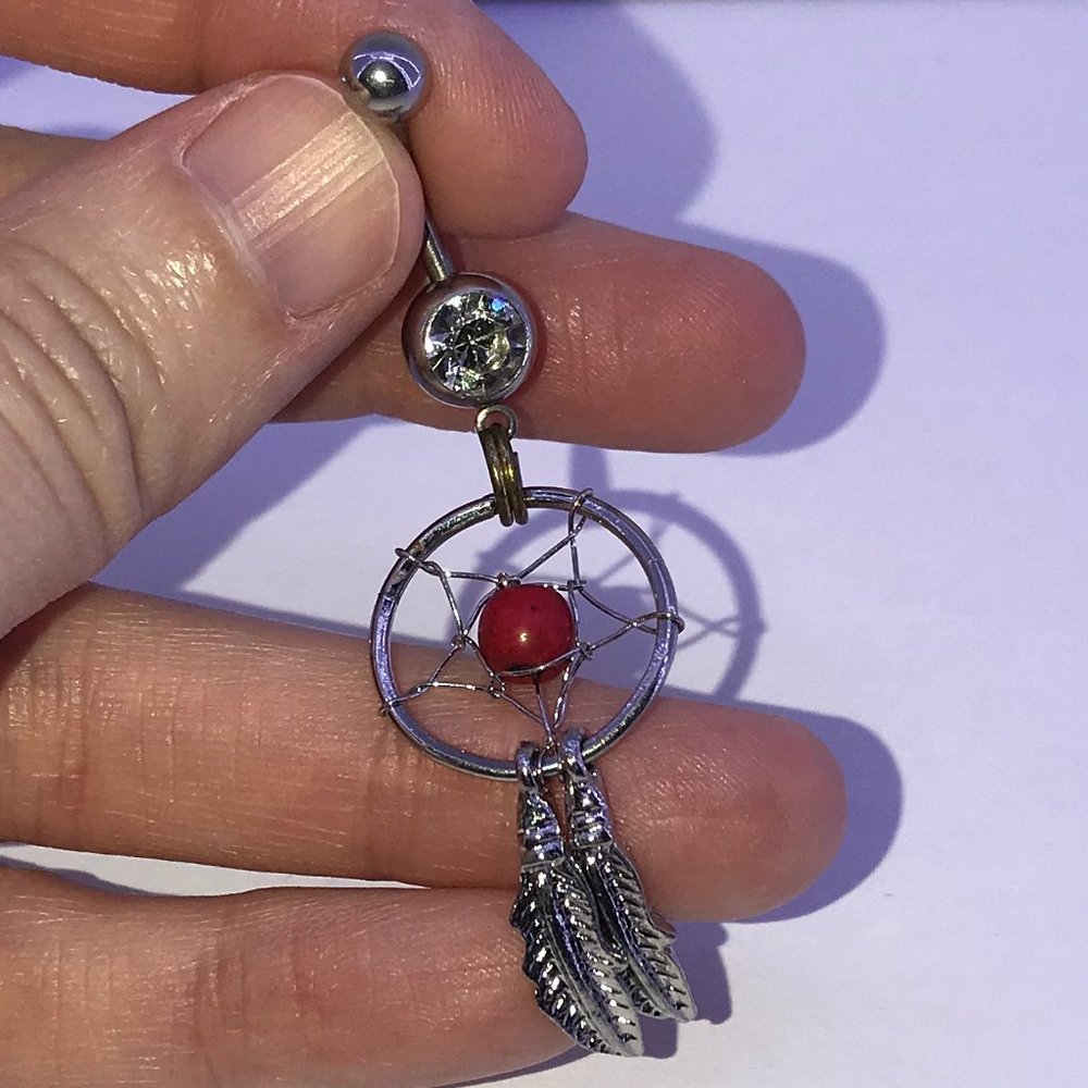 14 Gauge Dream Catcher Belly Ring, Clear Gem with red bead and gold split ring